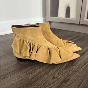 JW Anderson Pierce Tan Suede Ruffle Trim Pointed Ankle Bootie 38 Camel Leather